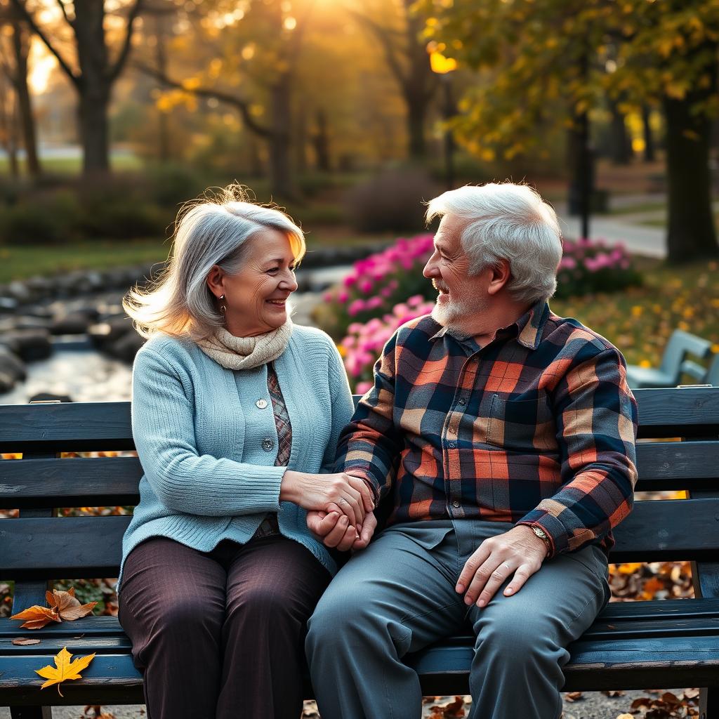 A beautiful and heartwarming scene of an elderly couple sitting together on a park bench, sharing a tender moment