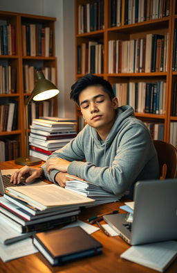 A young mixed-race Puerto Rican man in a university setting, sitting at a wooden desk piled with books and papers