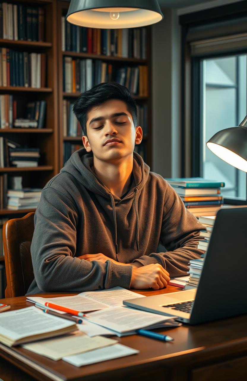 A young mixed-race Puerto Rican man in a university setting, sitting at a wooden desk piled with books and papers