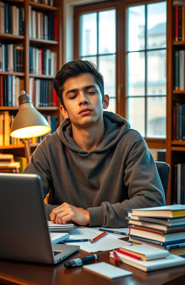 A young mixed-race Puerto Rican man in a university setting, sitting at a wooden desk piled with books and papers