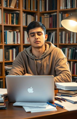 A young mixed-race Puerto Rican man in a university setting, sitting at a wooden desk piled with books and papers