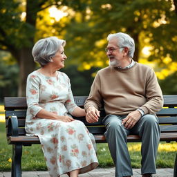 A heartwarming scene depicting an elderly couple sitting on a park bench, holding hands and gazing lovingly into each other's eyes