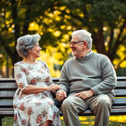 A heartwarming scene depicting an elderly couple sitting on a park bench, holding hands and gazing lovingly into each other's eyes
