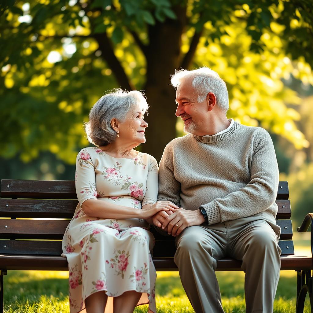 A heartwarming scene depicting an elderly couple sitting on a park bench, holding hands and gazing lovingly into each other's eyes