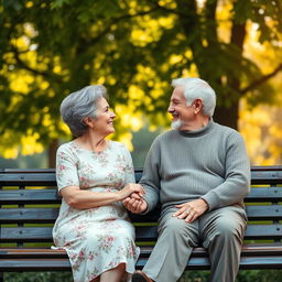 A heartwarming scene depicting an elderly couple sitting on a park bench, holding hands and gazing lovingly into each other's eyes
