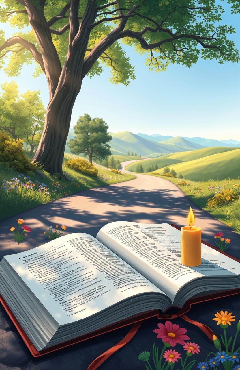 A beautifully illustrated open Bible lying on a serene, winding road, with soft sunlight filtering through the trees, casting gentle shadows around