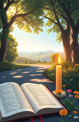 A beautifully illustrated open Bible lying on a serene, winding road, with soft sunlight filtering through the trees, casting gentle shadows around