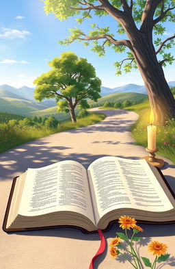 A beautifully illustrated open Bible lying on a serene, winding road, with soft sunlight filtering through the trees, casting gentle shadows around