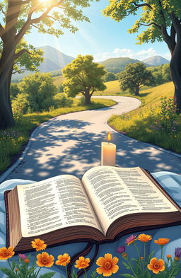 A beautifully illustrated open Bible lying on a serene, winding road, with soft sunlight filtering through the trees, casting gentle shadows around