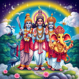 A beautifully detailed and vibrant illustration featuring the deities Ayyappa, Krishna, Shiva, Muruga, and Ganapati gathered harmoniously in one frame