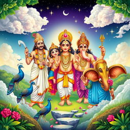 A beautifully detailed and vibrant illustration featuring the deities Ayyappa, Krishna, Shiva, Muruga, and Ganapati gathered harmoniously in one frame