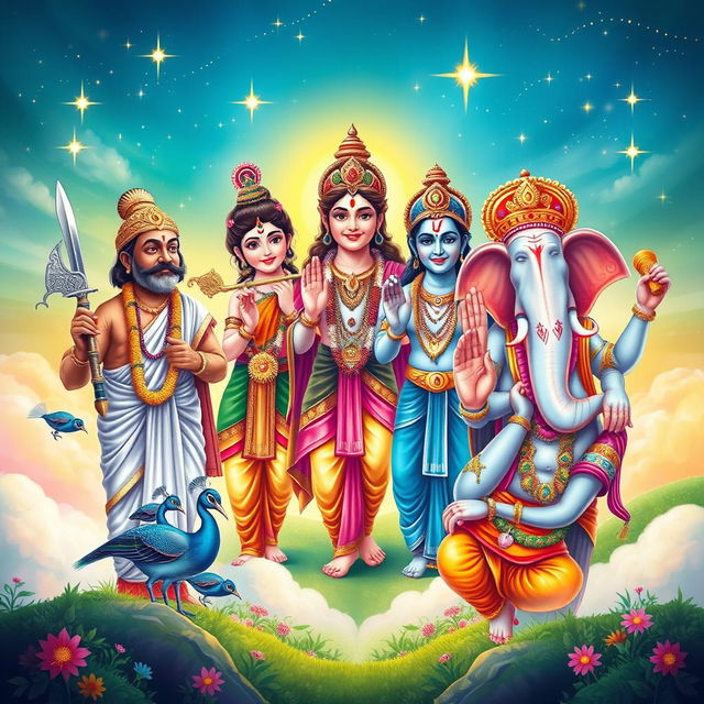 A beautifully detailed and vibrant illustration featuring the deities Ayyappa, Krishna, Shiva, Muruga, and Ganapati gathered harmoniously in one frame