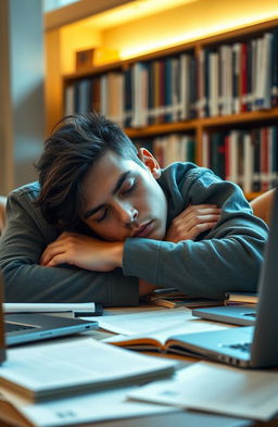 A young mixed race Puerto Rican man at university, appearing to have light skin and features that almost look white, is sprawled over a table covered with books, papers, and a laptop