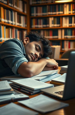 A young mixed race Puerto Rican man at university, appearing to have light skin and features that almost look white, is sprawled over a table covered with books, papers, and a laptop