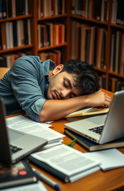 A young mixed race Puerto Rican man at university, appearing to have light skin and features that almost look white, is sprawled over a table covered with books, papers, and a laptop