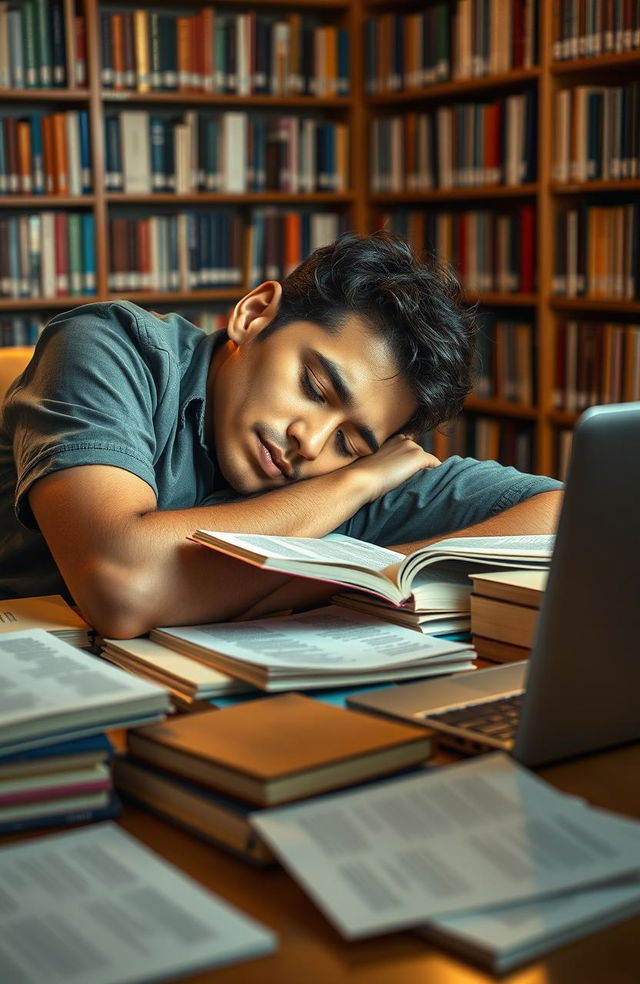 A young mixed race Puerto Rican man at university, appearing to have light skin and features that almost look white, is sprawled over a table covered with books, papers, and a laptop