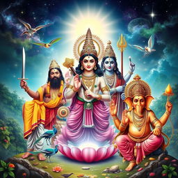 A stunning and intricate depiction of the divine figures Ayyappa, Krishna, Shiva, Muruga, and Ganapati all gathered together in a single frame