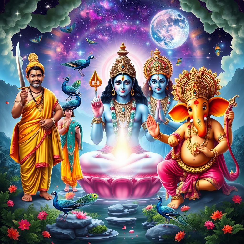 A stunning and intricate depiction of the divine figures Ayyappa, Krishna, Shiva, Muruga, and Ganapati all gathered together in a single frame