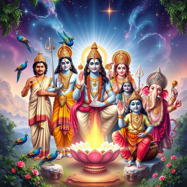 A stunning and intricate depiction of the divine figures Ayyappa, Krishna, Shiva, Muruga, and Ganapati all gathered together in a single frame