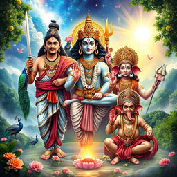 A stunning and intricate depiction of the divine figures Ayyappa, Krishna, Shiva, Muruga, and Ganapati all gathered together in a single frame