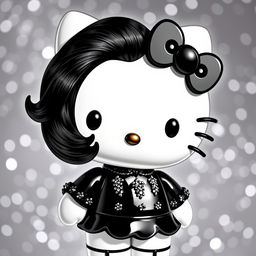 Hello Kitty with a white body, featuring luscious black hair styled elegantly, wearing stunning black and shiny clothing