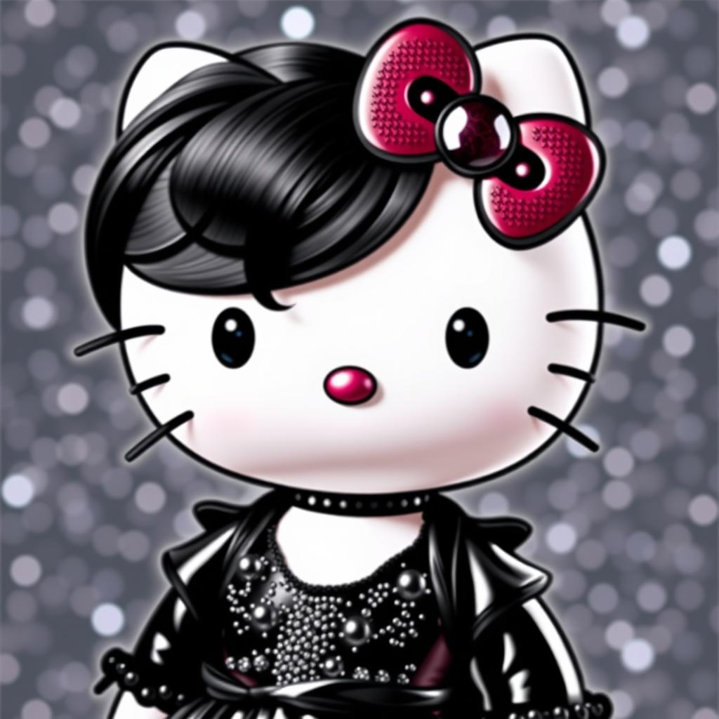 Hello Kitty with a white body, featuring luscious black hair styled elegantly, wearing stunning black and shiny clothing