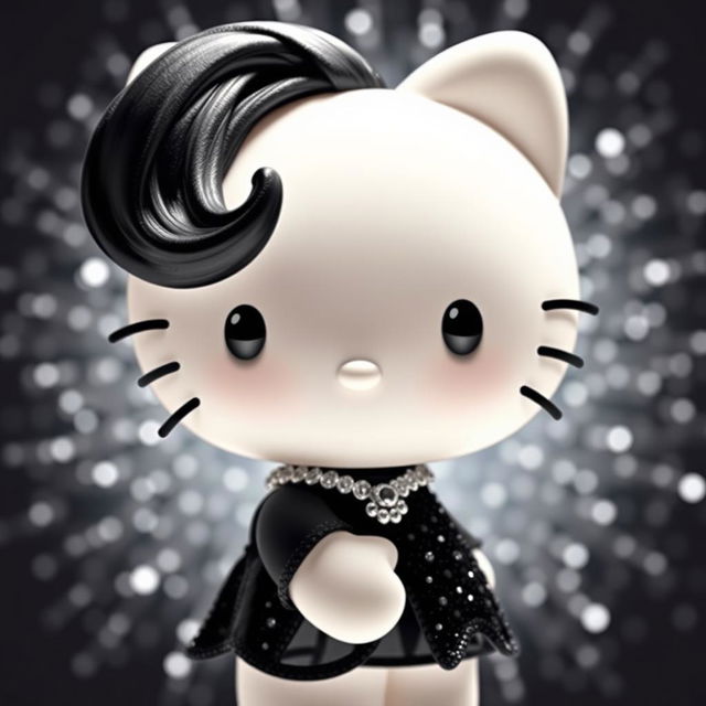 Hello Kitty with a white body, featuring luscious black hair styled elegantly, wearing stunning black and shiny clothing