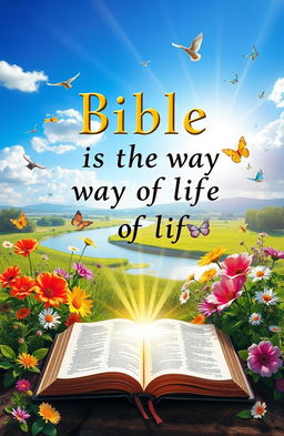 An artistic representation of the phrase 'Bible is the way to life', featuring an open Bible with light pouring from its pages, surrounded by vibrant flowers and greenery that symbolize life and growth