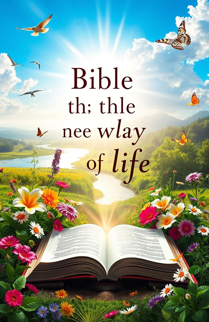 An artistic representation of the phrase 'Bible is the way to life', featuring an open Bible with light pouring from its pages, surrounded by vibrant flowers and greenery that symbolize life and growth