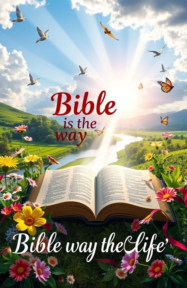 An artistic representation of the phrase 'Bible is the way to life', featuring an open Bible with light pouring from its pages, surrounded by vibrant flowers and greenery that symbolize life and growth