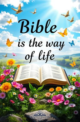 An artistic representation of the phrase 'Bible is the way to life', featuring an open Bible with light pouring from its pages, surrounded by vibrant flowers and greenery that symbolize life and growth