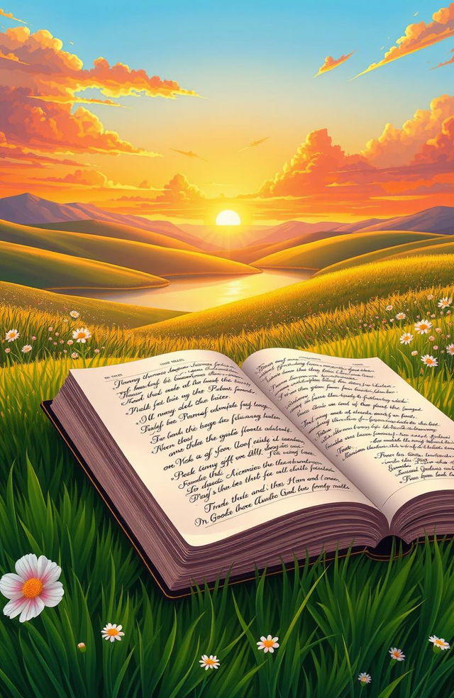 A beautifully illustrated scene featuring an open Bible laid on a lush green expanse of grass