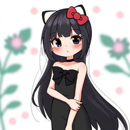 A stylish character inspired by Hello Kitty, featuring long black hair and black eyes