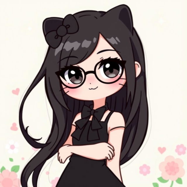 A stylish character inspired by Hello Kitty, featuring long black hair and black eyes