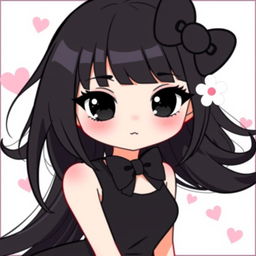 A stylish character inspired by Hello Kitty, featuring long black hair and black eyes