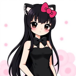 A stylish character inspired by Hello Kitty, featuring long black hair and black eyes