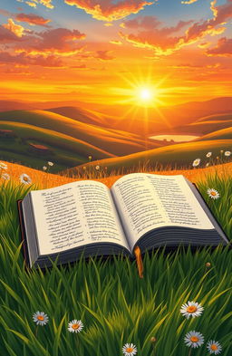 A beautifully illustrated scene featuring an open Bible laid on a lush green expanse of grass