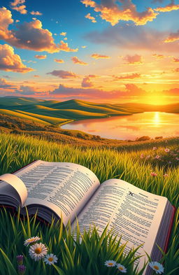 A beautifully illustrated scene featuring an open Bible laid on a lush green expanse of grass