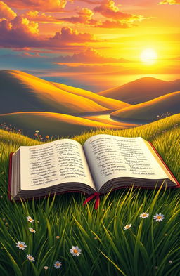 A beautifully illustrated scene featuring an open Bible laid on a lush green expanse of grass