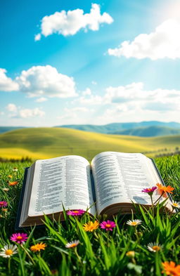 A beautifully illuminated, open Bible resting on lush green grass, with colorful wildflowers surrounding it