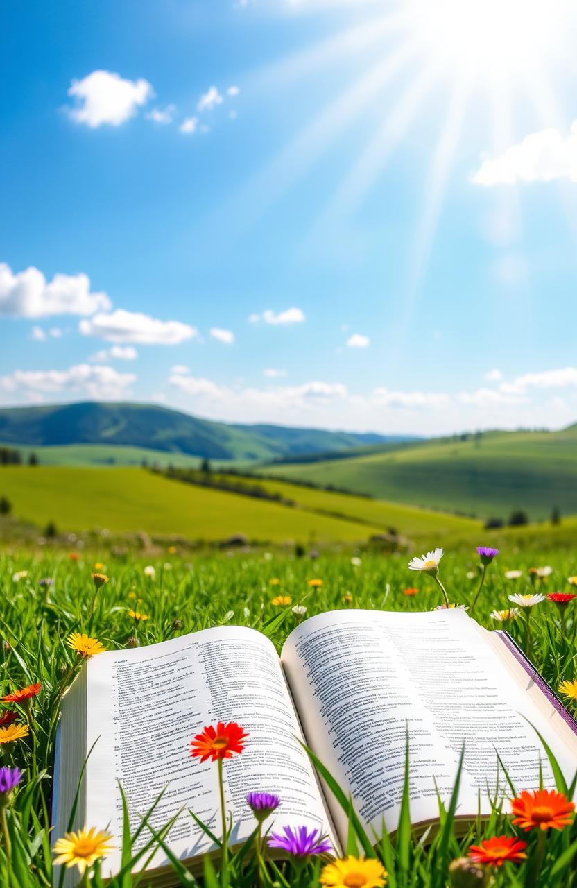 A beautifully illuminated, open Bible resting on lush green grass, with colorful wildflowers surrounding it