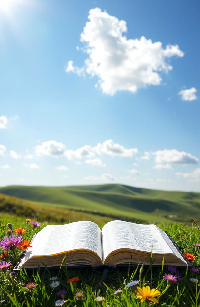 A beautifully illuminated, open Bible resting on lush green grass, with colorful wildflowers surrounding it