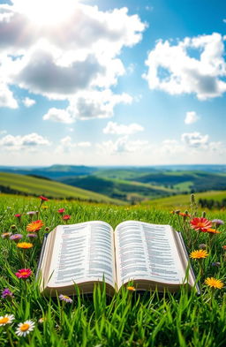 A beautifully illuminated, open Bible resting on lush green grass, with colorful wildflowers surrounding it