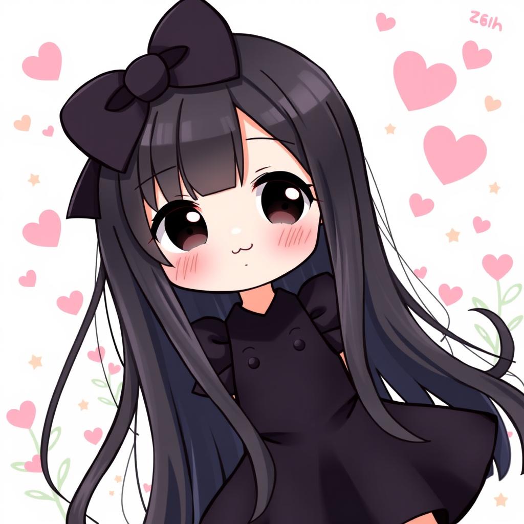 A cute character resembling Hello Kitty with long, straight black hair and black eyes