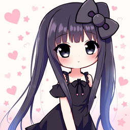 A cute character resembling Hello Kitty with long, straight black hair and black eyes