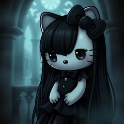 A gothic version of Hello Kitty with long, sleek black hair, deep black eyes, dressed in a black dress and adorned with a black bow on her head