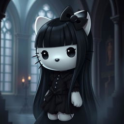 A gothic version of Hello Kitty with long, sleek black hair, deep black eyes, dressed in a black dress and adorned with a black bow on her head
