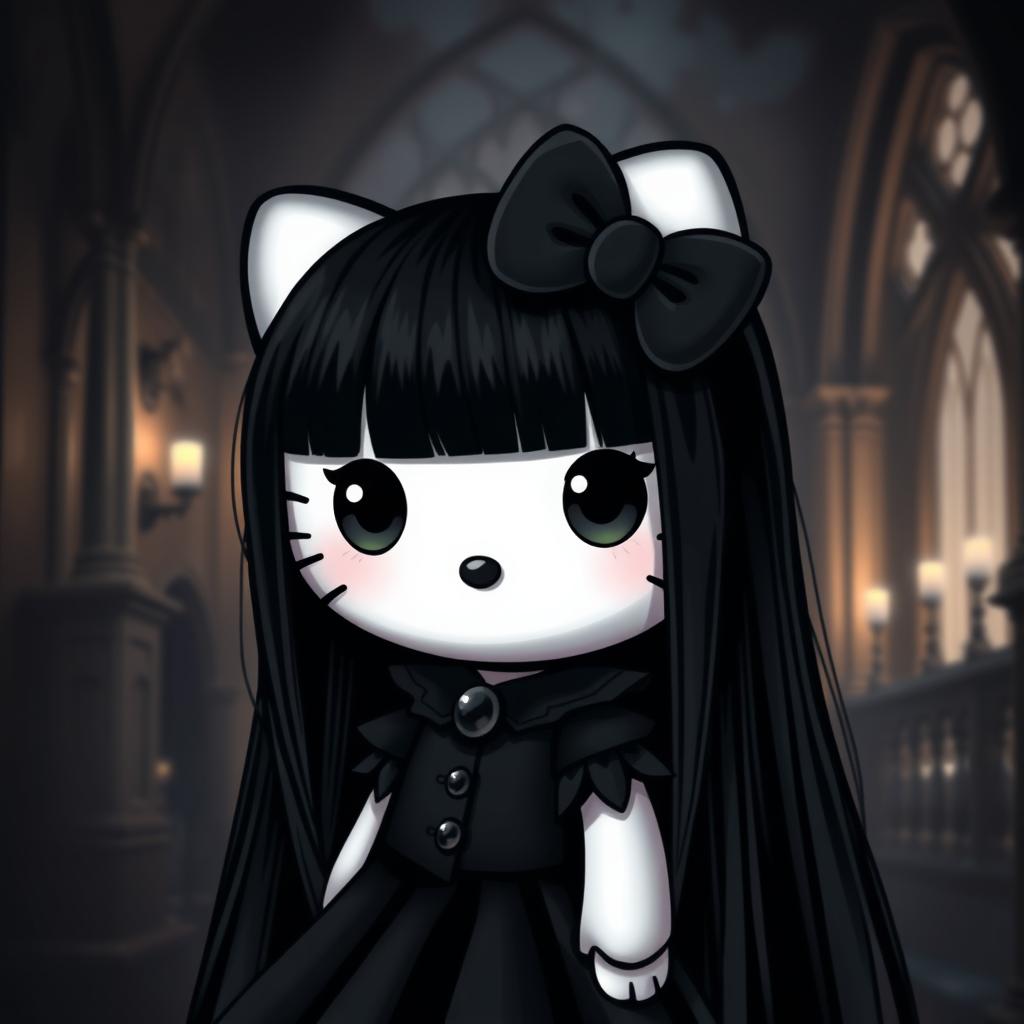 A gothic version of Hello Kitty with long, sleek black hair, deep black eyes, dressed in a black dress and adorned with a black bow on her head