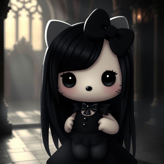 A gothic version of Hello Kitty with long, sleek black hair, deep black eyes, dressed in a black dress and adorned with a black bow on her head