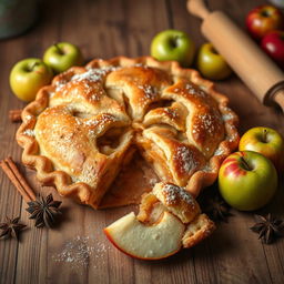 A warm, freshly baked apple pie placed on a rustic wooden table
